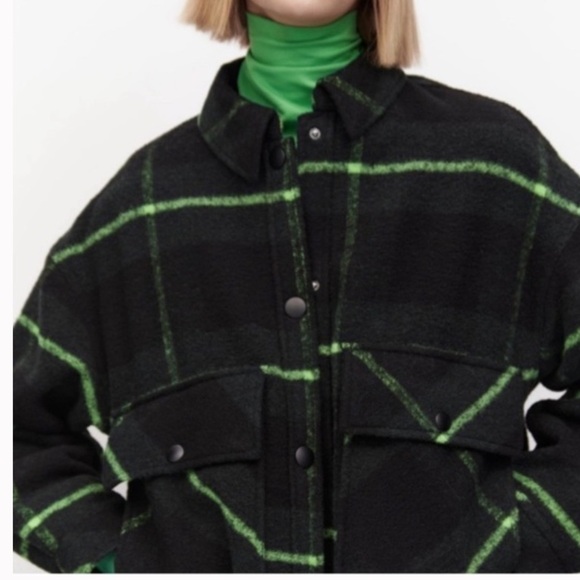 ZARA Oversized Plaid Shacket Coat Neon Green Black Wool Blend Y2K - Picture 2 of 14